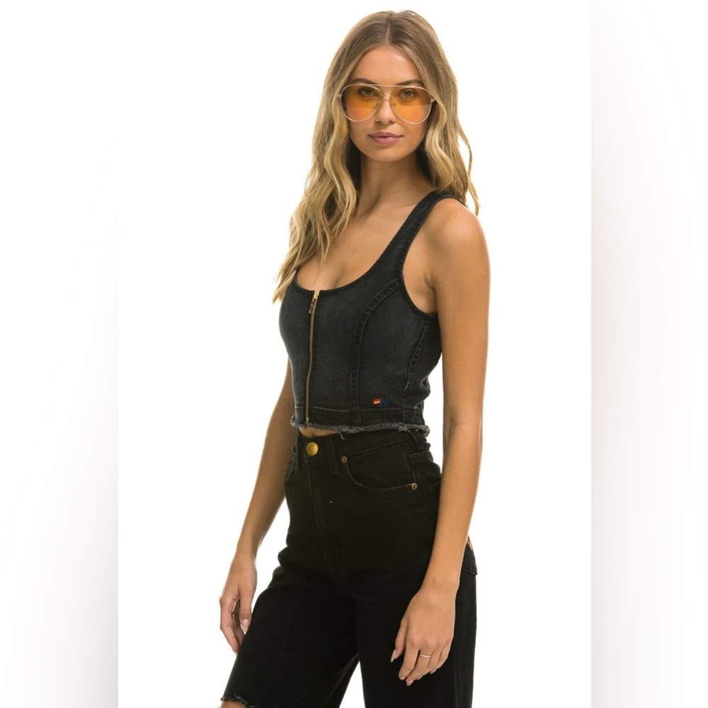 NWOT Aviator Nation 🌈 Vintage Black Denim Zip Front Bustier Size Extra Small
